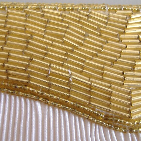 Gold Beaded Purse Evening Bag Clutch White Pleated Rayon Handbag Shoulder Strap - Picture 7 of 7